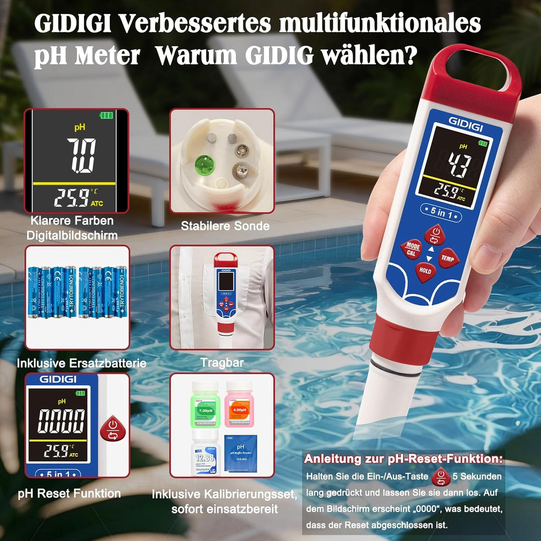 Digitales Schwimmbad-Salzgehaltsmessgerät, 5-in-1 pH- und TDS-Messgerät, geeignet für Meerwasser-Sch