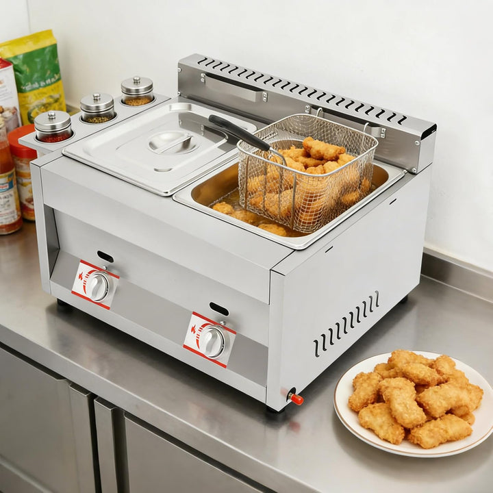 Gasfritteuse, 60.3x46x33.5cm Gewerbliche Doppeltank Edelstahl Profi Gastro Fritteuse mit Filterkörbe