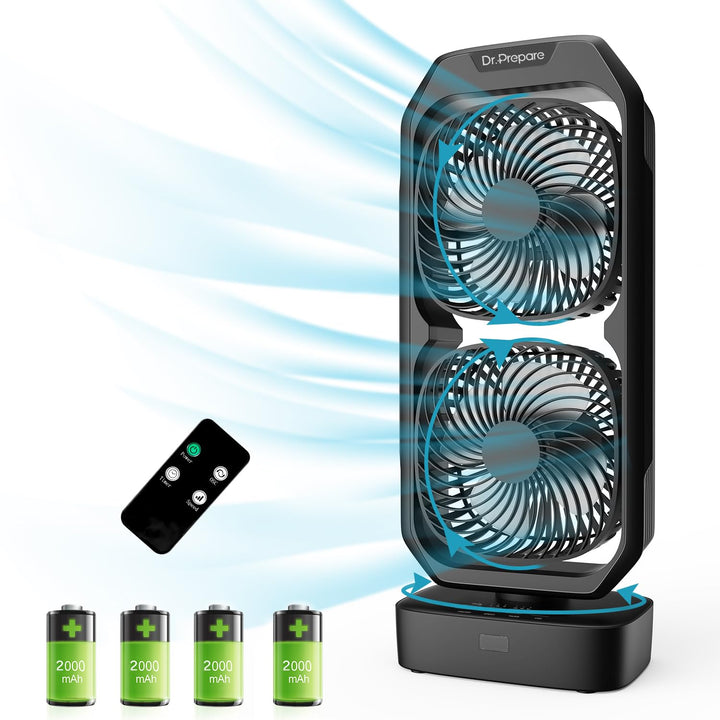 DR.PREPARE Turmventilator mit Wiederaufladbarem Akku, 8000 mAh, USB Tischventilator, Oszillierender