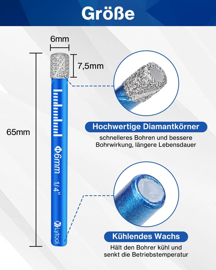 Fliesenbohrer, Lytool 5 tlg. 6 mm Diamantbohrer Glasbohrer Set für Keramik, Granit, Glas, Porzellan,