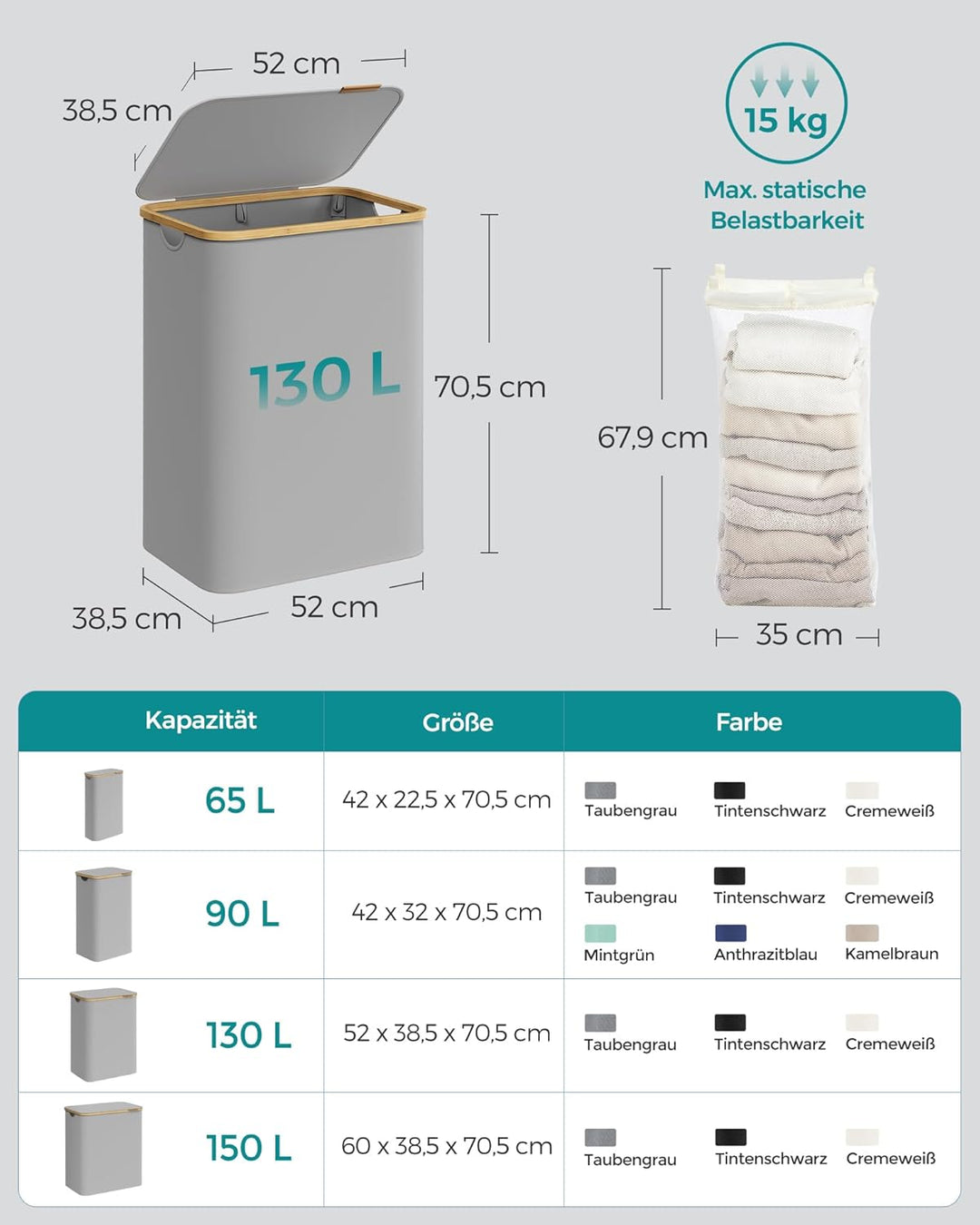 SONGMICS Wäschekorb mit Deckel, Wäschesammler mit 2 Fächern, 130 L, herausnehmbarer Wäschesack, Oxfo