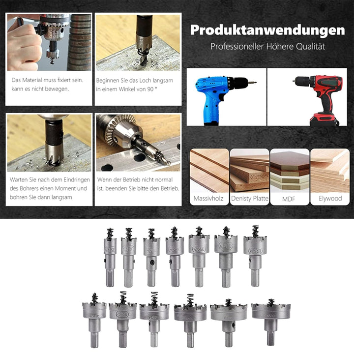 13 Stück Lochsäge Hartmetall Set, TCT Bohrer Lochsägen Set Edelstahl Bohrkrone Metall Dosenbohrer, f