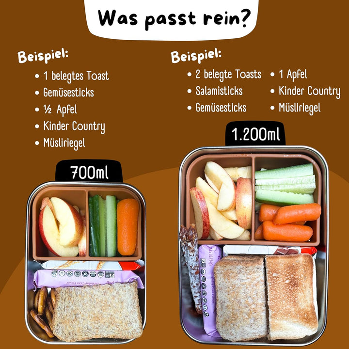 BEARFOOT Edelstahl Brotdose Kinder mit Silikondeckel (Braun, 1.200 ml) | BPA-frei, auslaufsicher, Br