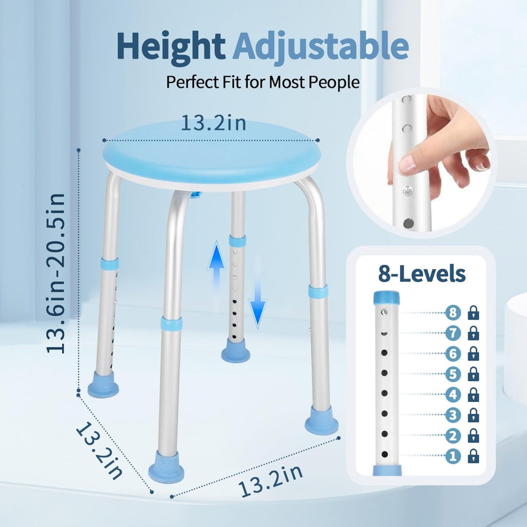 Duschhocker 360° drehbar mit Duschkopfhalter, bis 136 kg, 8-Fach höhenverstellbar, rutschfeste Gummi