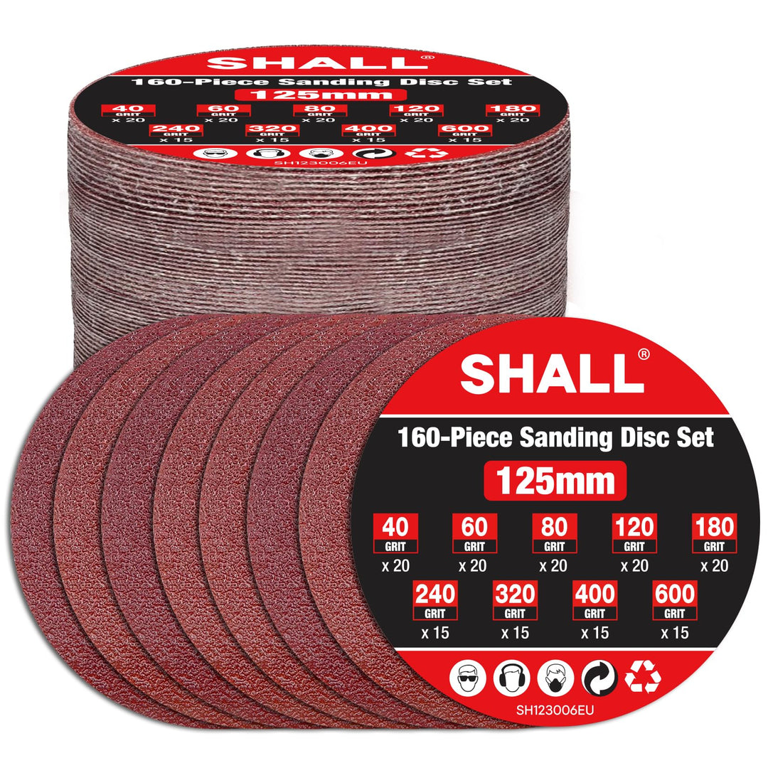 SHALL 160 Stück 125-mm-Schleifscheiben (Klettverschluss, 9 Typen, gemischte Körnung), 8-Loch, runde