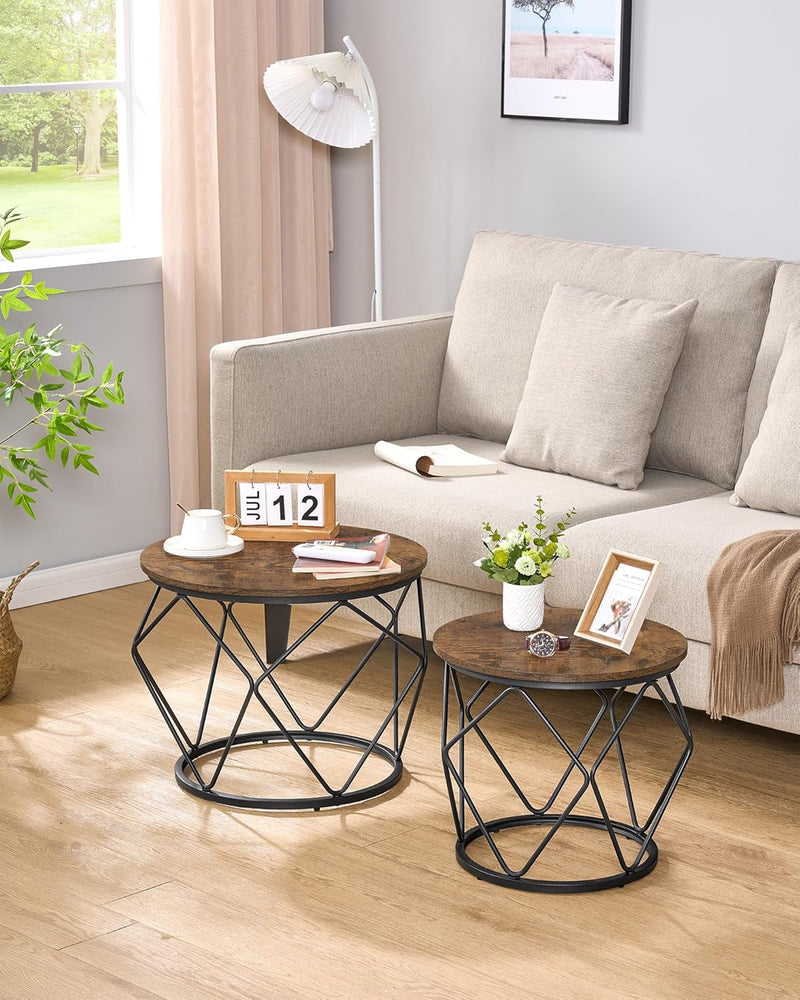 Hzuaneri Couchtisch rund, 2er Set Beistelltische, Beistelltisch-Set mit Metallrahmen, Kleiner Beiste