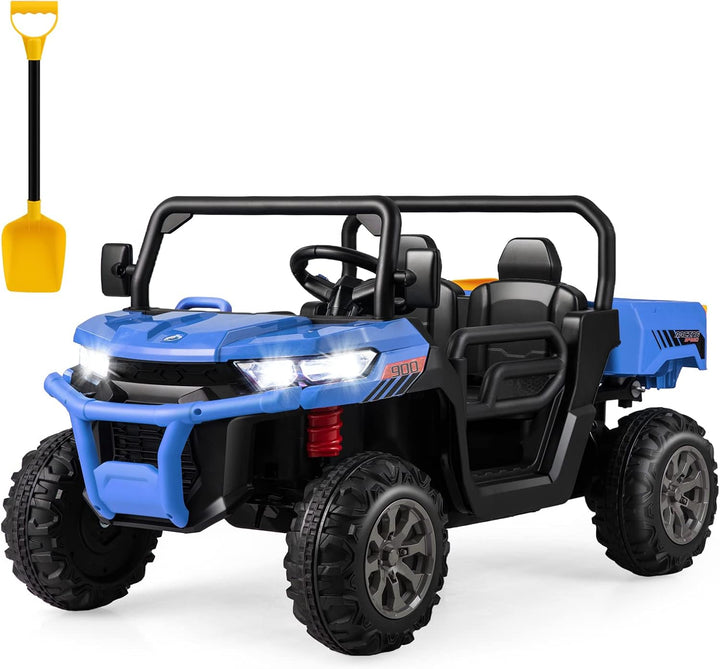GOPLUS Kinder Elektroauto, 2-Sitzer Kinderauto mit Kippbett & Schaufel, Fernbedienung, Musik, Schein