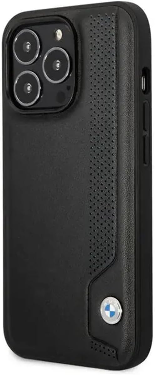 BMW Handyhülle für iPhone 14 Pro Max Signature Collection in Black Line und Dots, Echtleder-Schutzhü