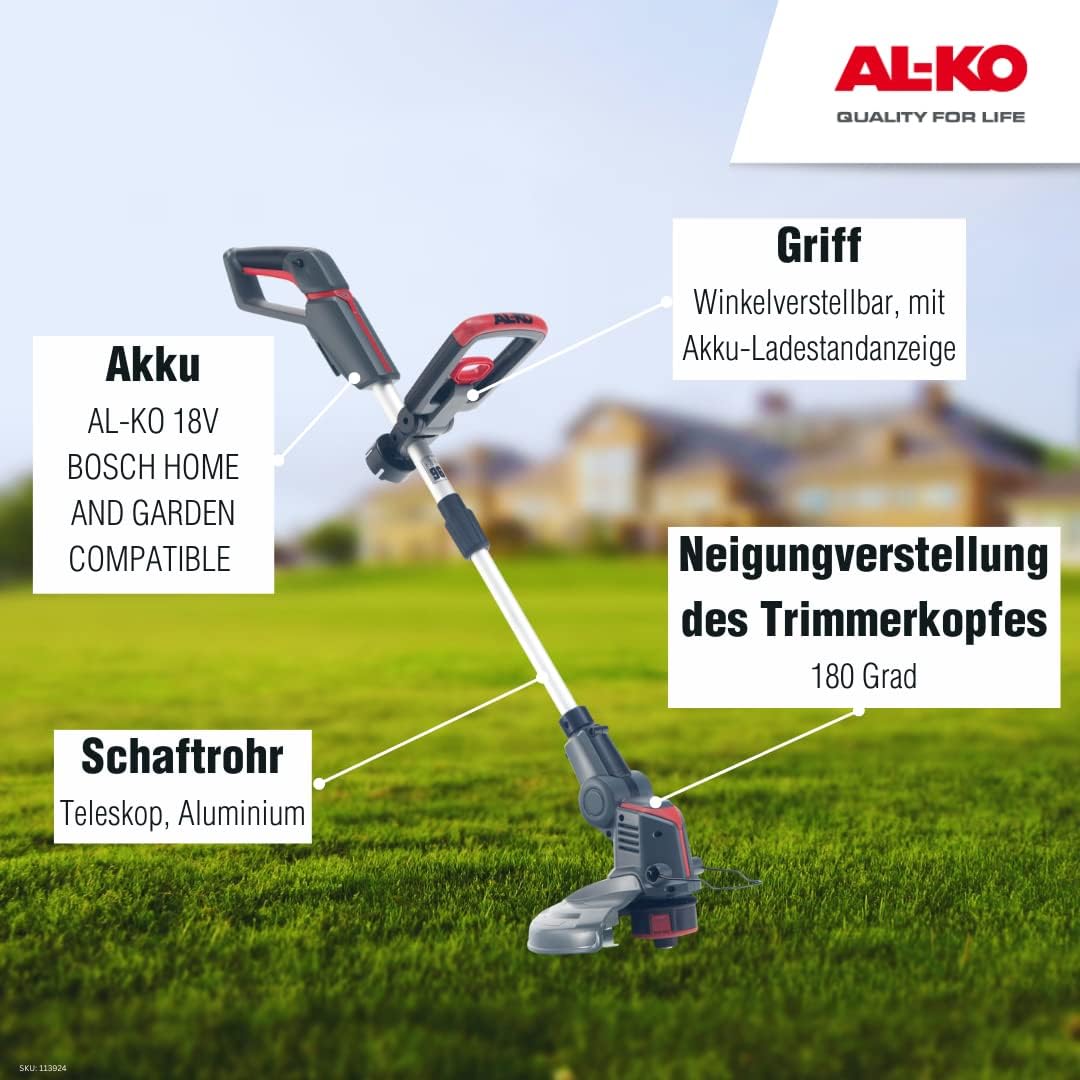 AL-KO Akku-Rasentrimmer GT 1825, 18 V Li-Ion Akku, 25 cm Schnittbreite, Teleskop-Schaft, TIPP-Automa