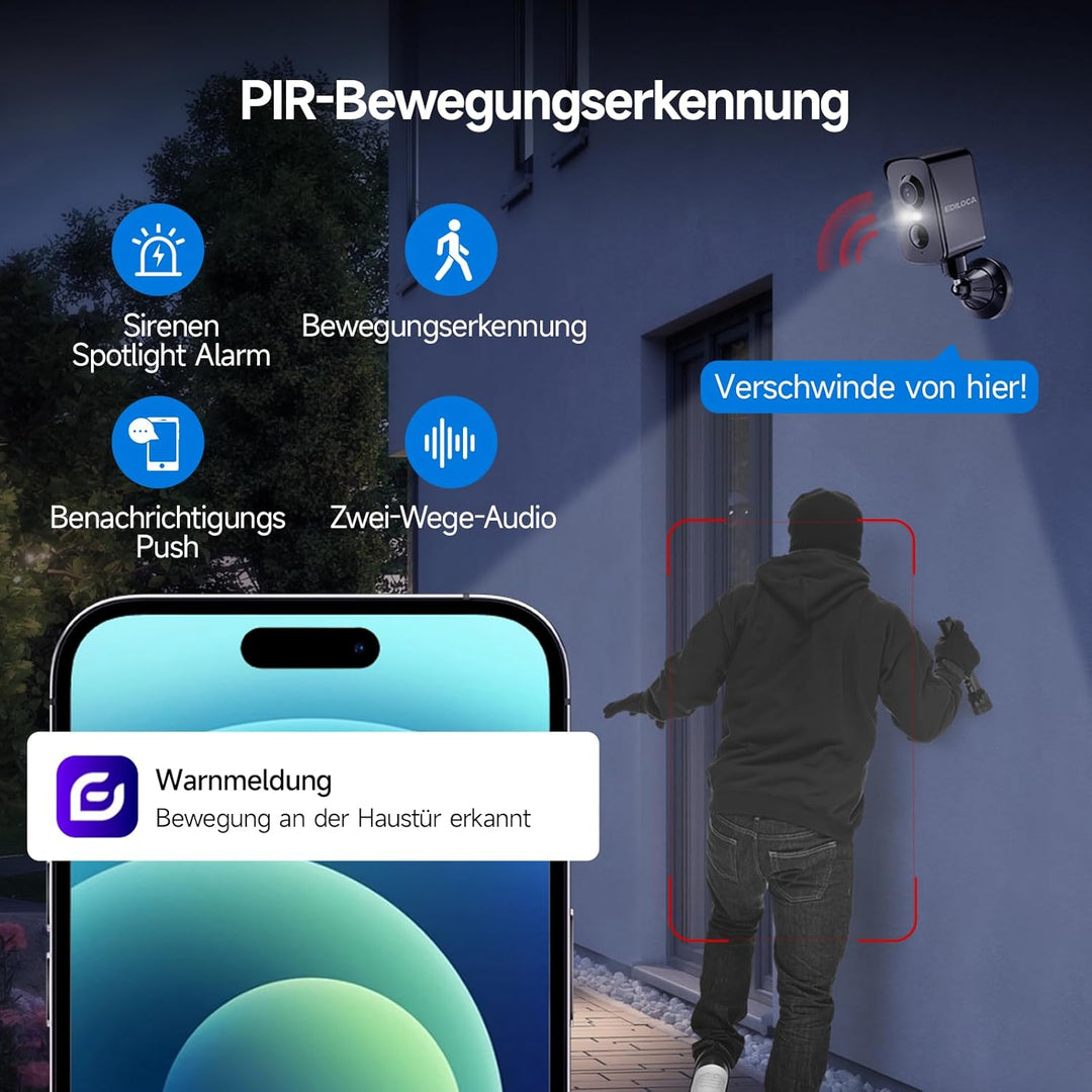 Ediloca 2K/3MP Überwachungskamera Aussen Akku, WLAN Kabellose Überwachungskamera aussen/innen, 300°