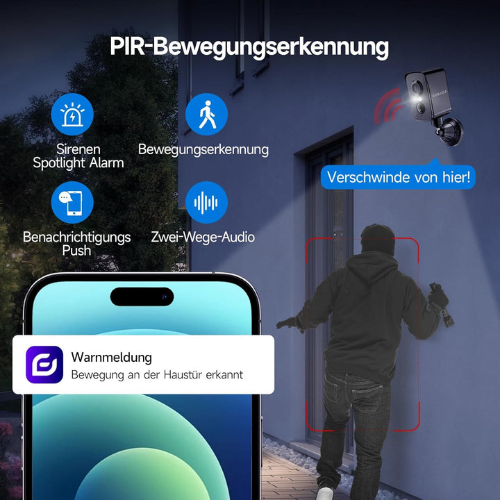 Ediloca 2K/3MP Überwachungskamera Aussen Akku, WLAN Kabellose Überwachungskamera aussen/innen, 300°