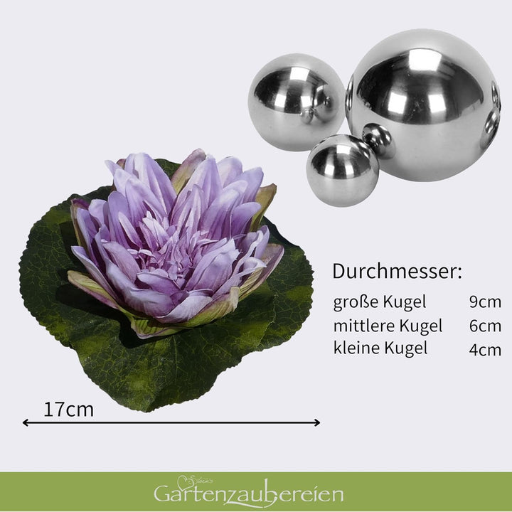 Miniteich Komplettset mit 2 künstlichen Seerosen lila Schwimmkugeln - Teichkugeln in Silber
