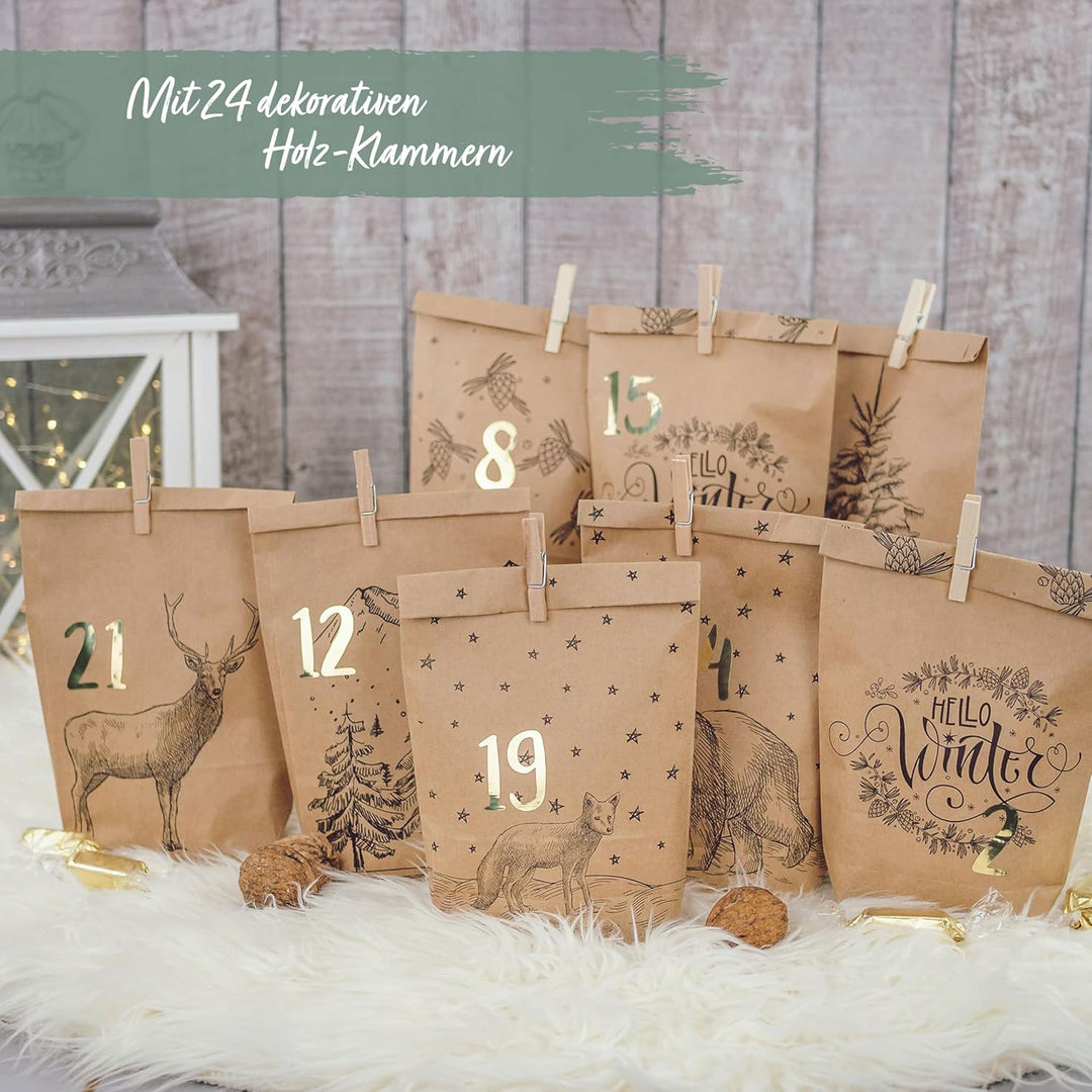 Papierdrachen Adventskalender 2025 zum Befüllen - 24 bedruckte Papiertüten mit Zahlenaufklebern & Kl