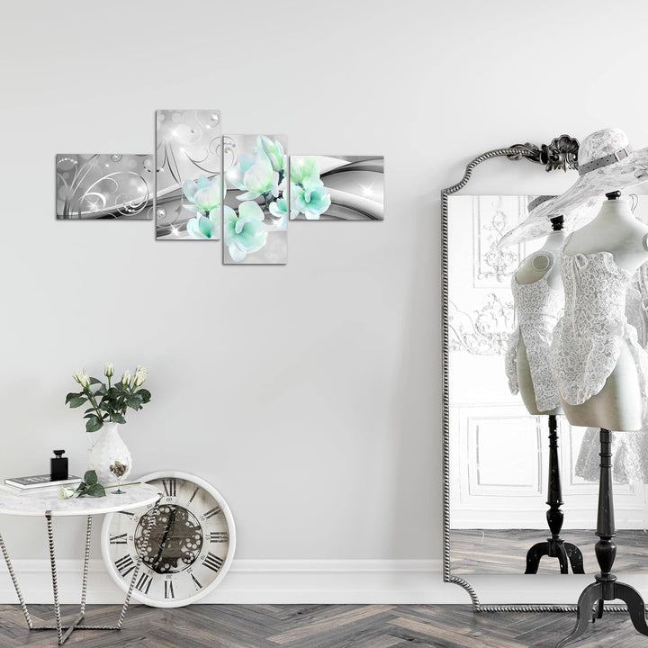 Runa Art Bild Modern Blumen Abstrakt - Made in Germany - Wandbilder Diamant Grau Türkis 4 Teilig 035