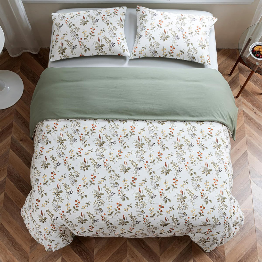 Luofanfei Bettwäsche 135x200 Grün Beige Blätter Blumen Bunt Pflanzen Botanisch Microfaser Bettwäsche