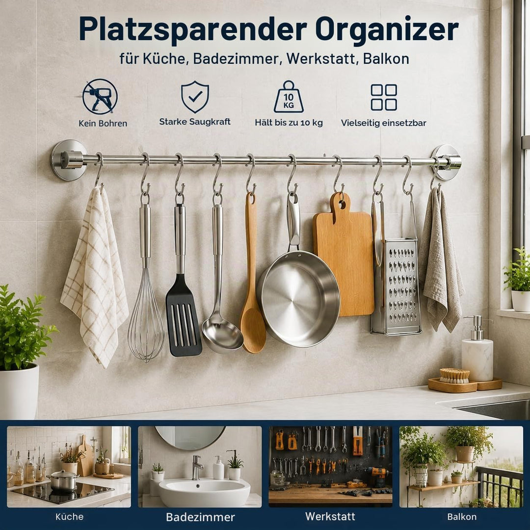 Küchenhakenleiste mit 12 Haken S, Saugnapfmontage, Wandorganizer OHNE BOHREN, Traglast 10 kg, für Tö