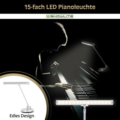 Showlite PL-1SL LED Klavierleuchte silber matt (Klavierlampe, 15 LEDs, 2 Stufen, 36 cm Höhe, Betrieb