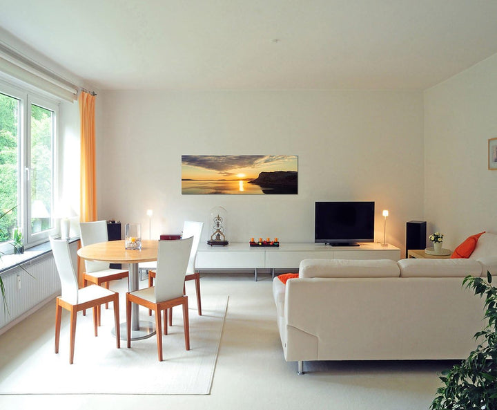 Paul Sinus Art Panoramabild auf Leinwand und Keilrahmen 150x50cm Meer Felsen Sonnenuntergang Spiegel