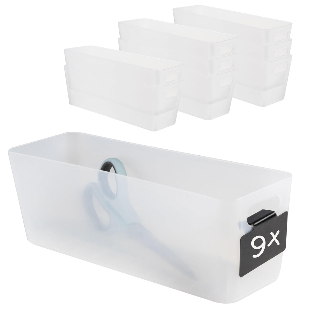 9x Ordnungsbox 10 cm hoch - milchig-transparent 30x10x10cm 2 Liter - mit Beschriftungsclip Ordnungsk