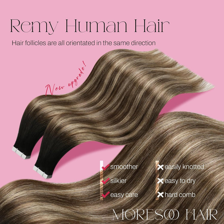 Moresoo Unsichtbare Tape Extensions Echthaar Dunkelbraune Hair Extensions Tape in 45 cm Schwarz bis