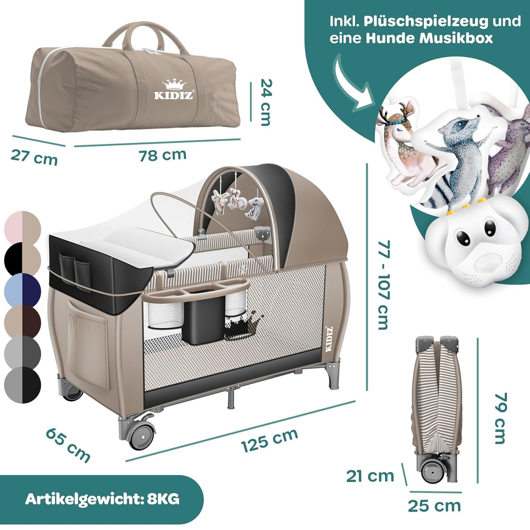 Kidiz® Babybett Reisebett Kinderreisebett klappbar mit Matratze & Räder 120x60, Seiteneingang, Wicke