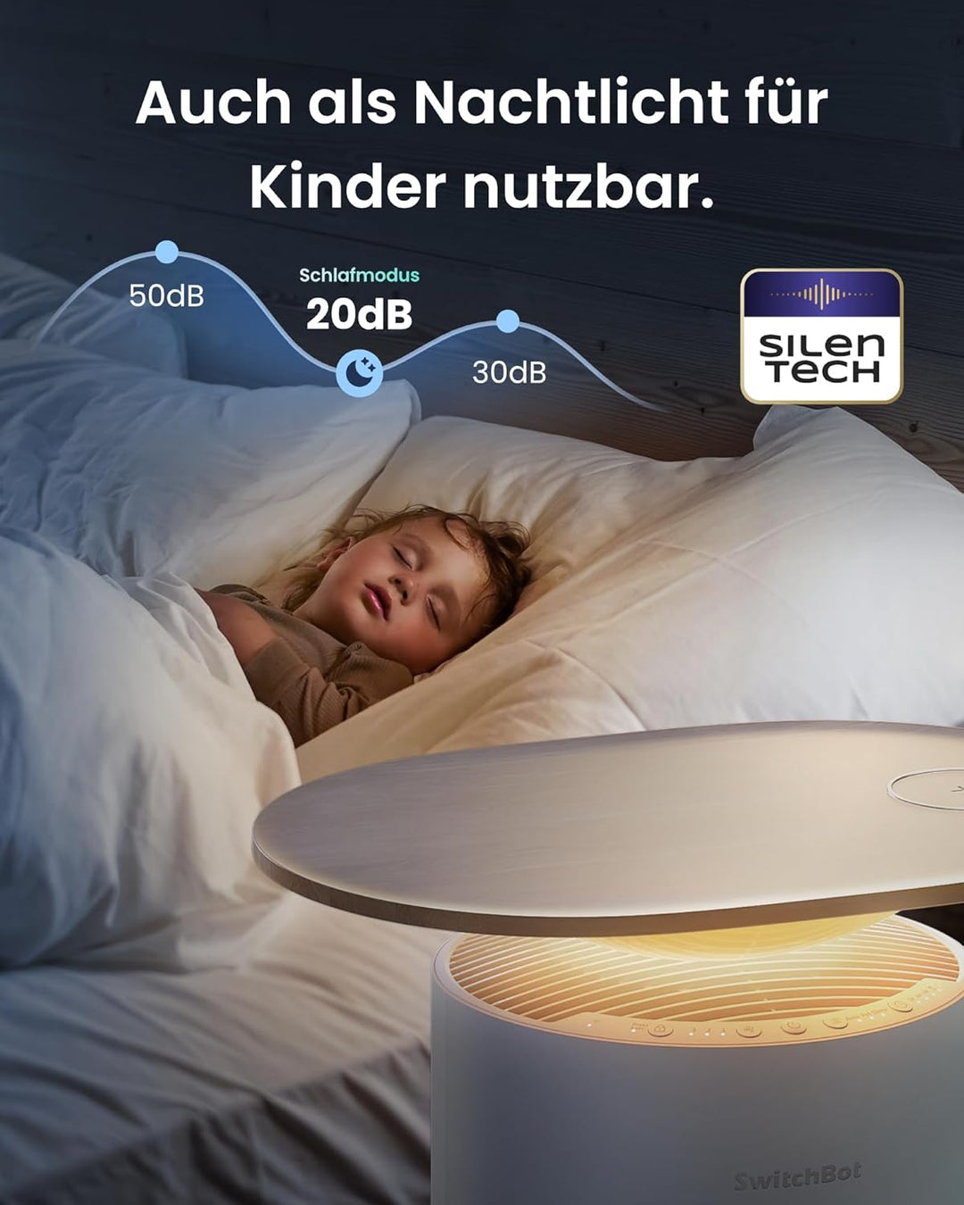 SwitchBot Luftreiniger mit App-Steuerung und Nachtlicht, CADR 400m³/h bis zu 83㎡ Zimmer, HEPA-Filter
