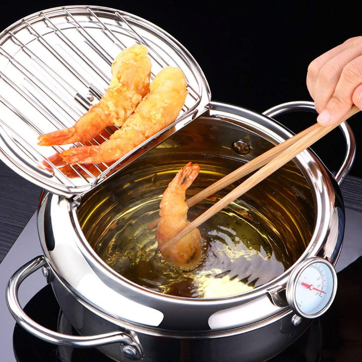 Tempura Fritteuse, japanischer Topf mit Deckel zum Braten und Küchenutensilien mit Ölfilter (L 24 cm