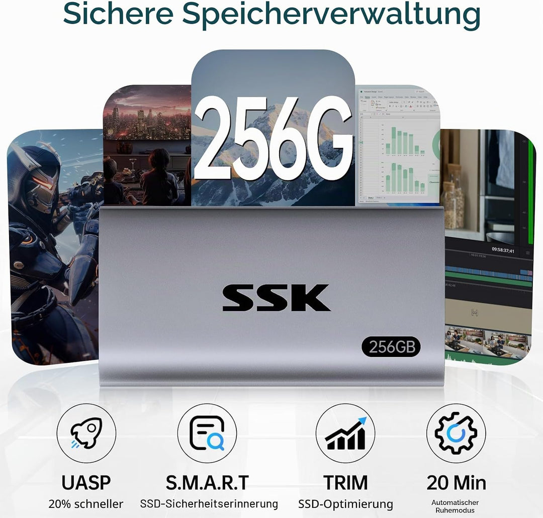 SSK Externe SSD 256GB, USB 3.2 Gen2 Portable SSD, bis zu 550 MB/s, Externe Festplatte mit USB C&A 2