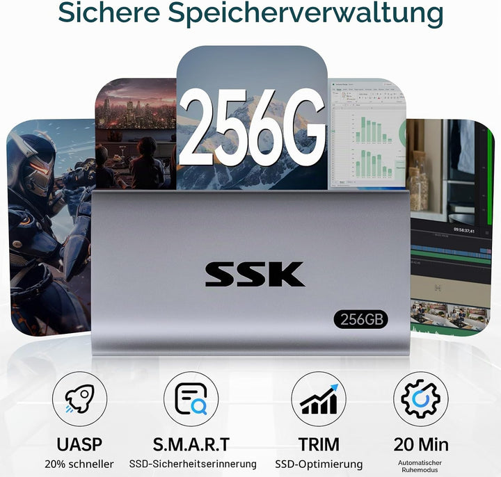SSK Externe SSD 256GB, USB 3.2 Gen2 Portable SSD, bis zu 550 MB/s, Externe Festplatte mit USB C&A 2