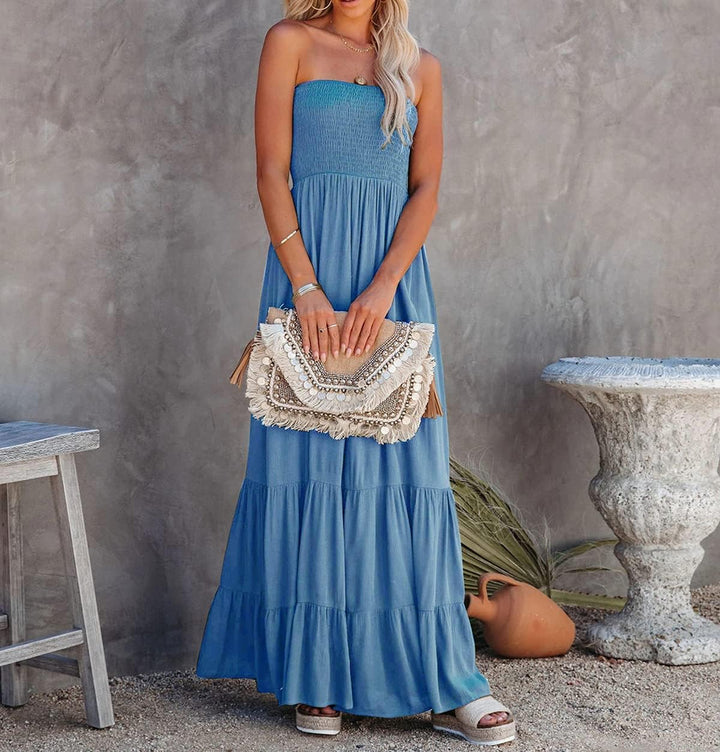 R.Vivimos Sommer Boho Trägerloses Bandeau Shirred Rüschen Tube A Linie Maxikleid L Blau#2, L Blau#2