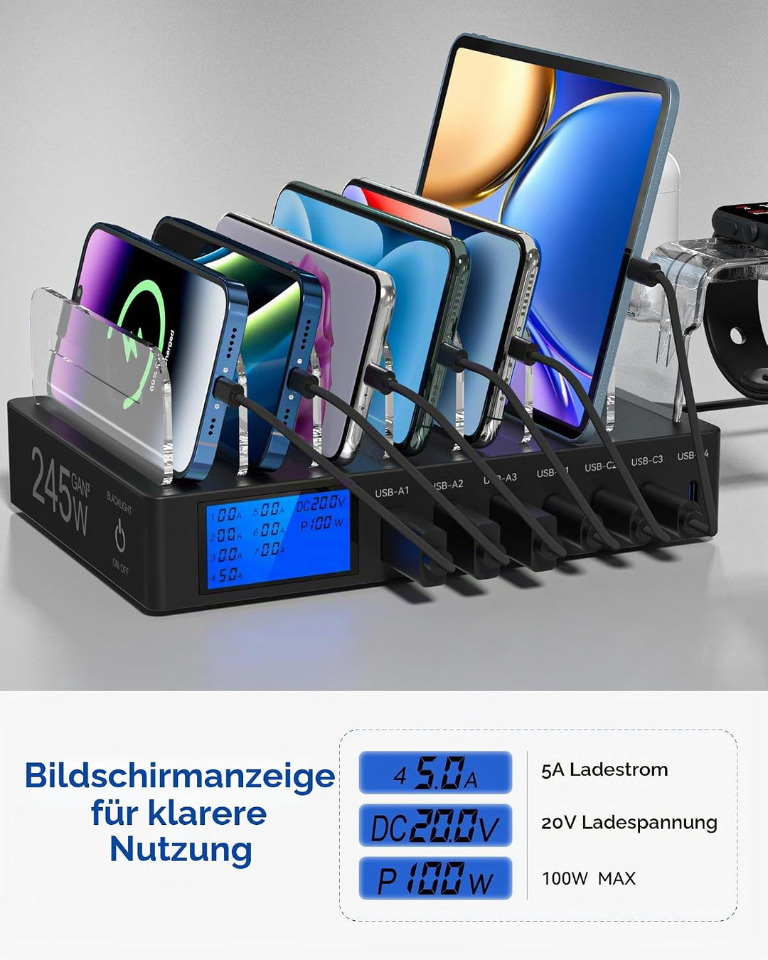 Ladestation Mehrere Geräte, 245W 7-Port-Handy Ladestation mit LCD-Anzeige, 100W PD USB C Schnelllade