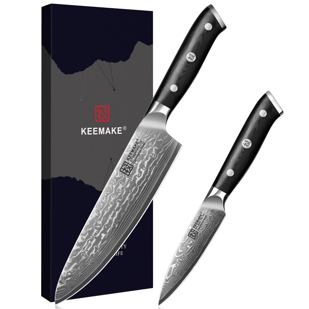 KEEMAKE Küchenmesser Set - Damastmesser Set 2-teilig aus 67 Lagen Damaststahl mit Ergonomischer G10