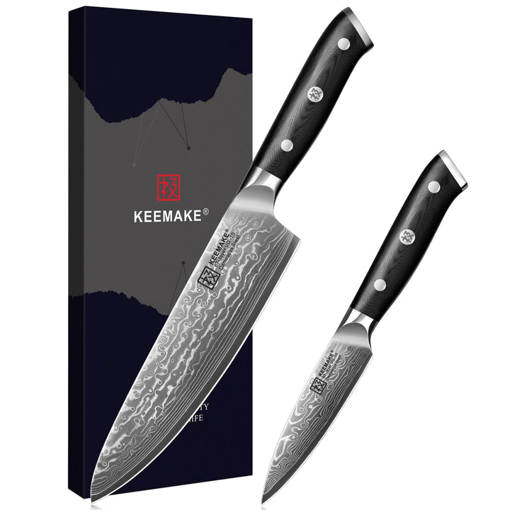 KEEMAKE Küchenmesser Set - Damastmesser Set 2-teilig aus 67 Lagen Damaststahl mit Ergonomischer G10