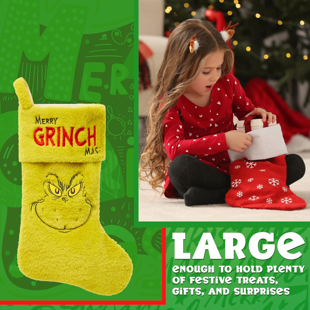 The Grinch Flauschiger Weihnachtsstrumpf, Weihnachtsdeko für Kamin oder Tannenbaum