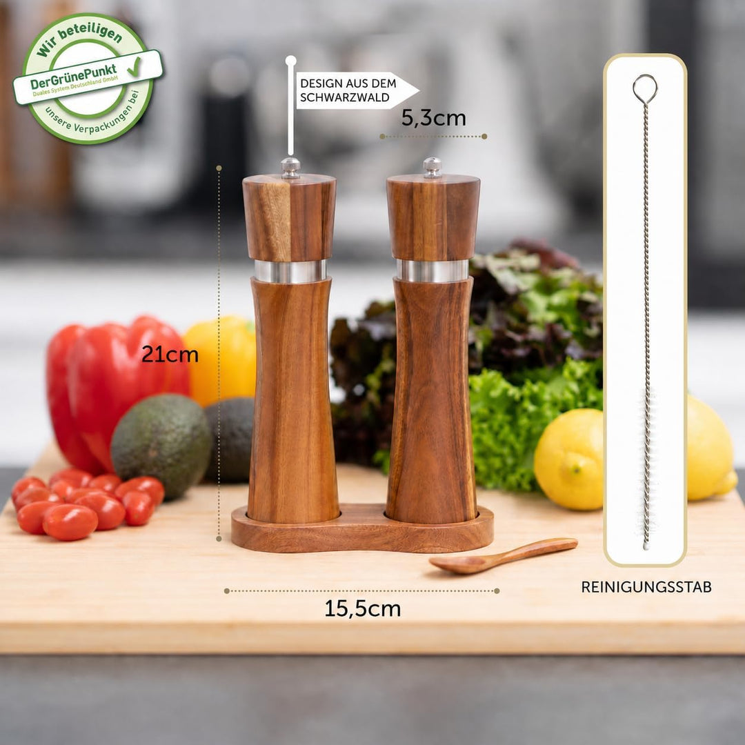 Salz und Pfeffermühle (5-teilig) |Gewürzmühlen aus Holz mit Untersetzer Löffel und Bürste |Keramikma