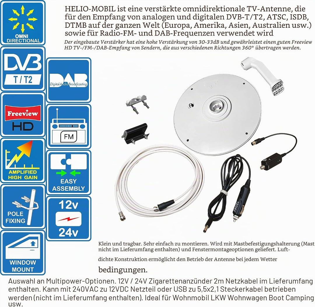 Helio - Omnidirektionale verstärkte Digitale HD TV Antenne 33 dB Verstärker mit hoher Verstärkung. D