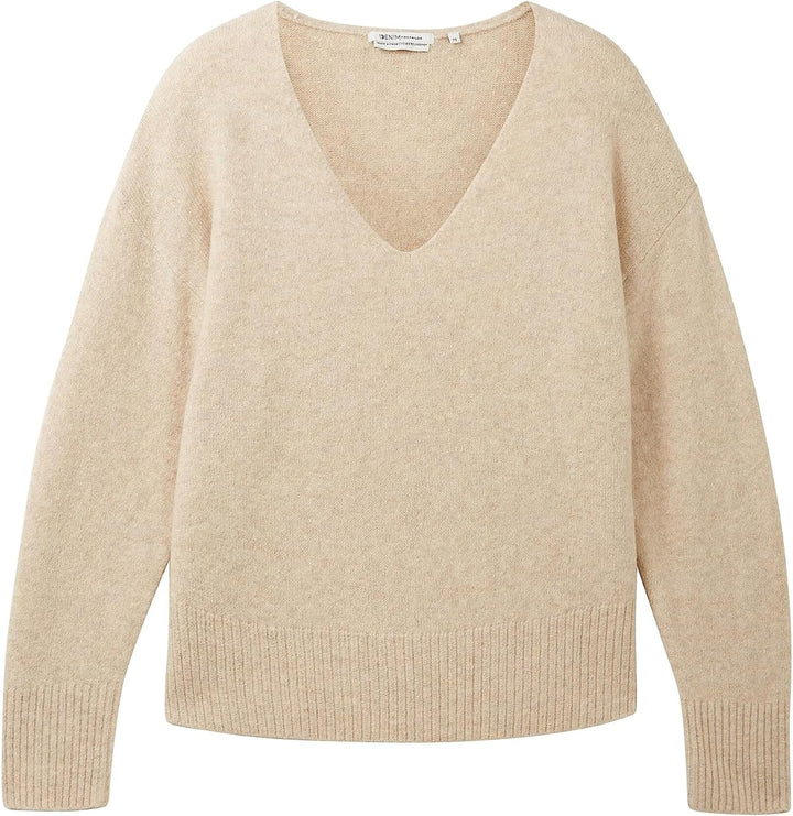 TOM TAILOR Denim Damen Basic Pullover mit V-Ausschnitt S 33803 - Dusty Sand Beige Melange, S 33803 -