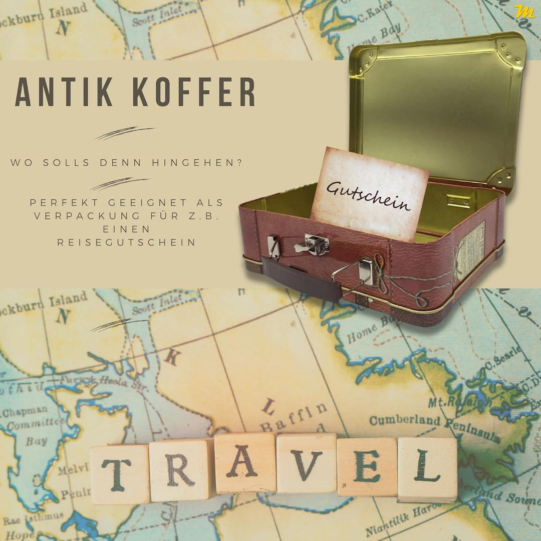 Antik Koffer - Keksdose mit beweglichem Griff, stabilem Schnappschloss und bunten Stickern - lebensm