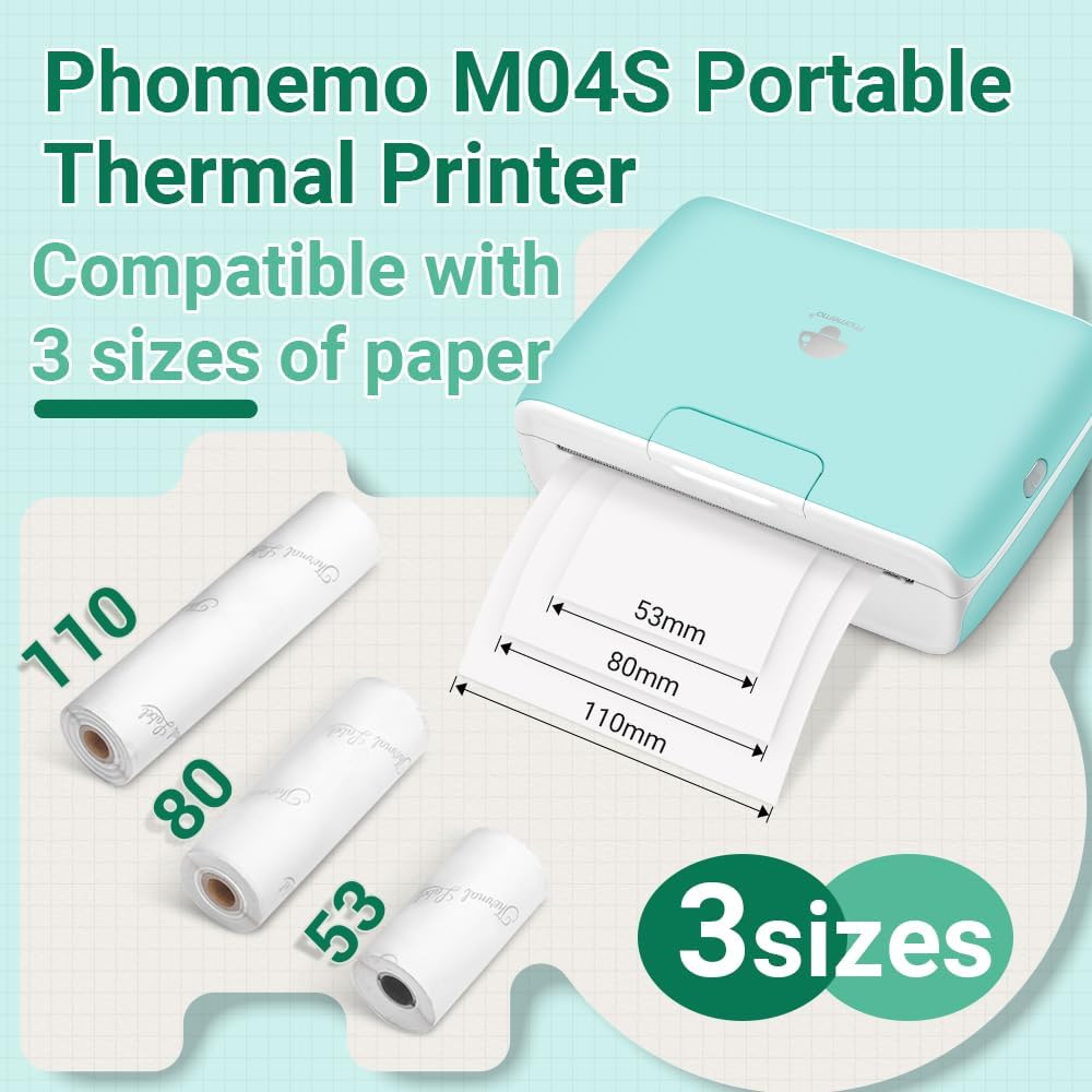 Phomemo M04S 300 DPI Mini Handy Sticker Thermodrucker – Tragbarer Bluetooth Drucker, 53/80/110 mm Dr