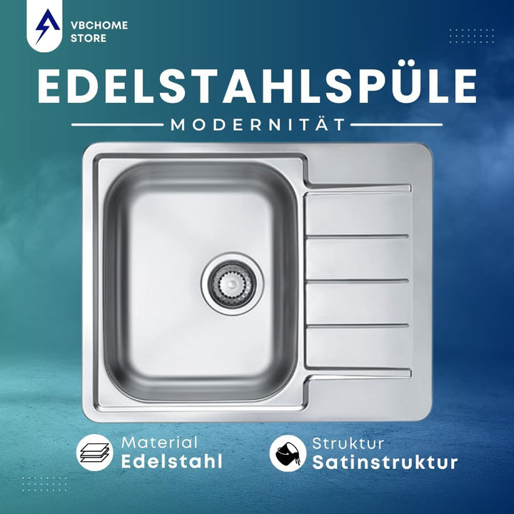 VBChome Edelstahlspüle 62x50 cm Satinstruktur Spülbecken Einbauspüle Abtropffläche Camping Küchenspü