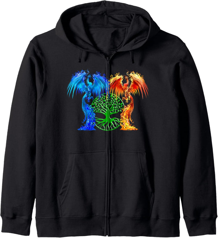Fantasy Feuer und Eis Phönix Grüner Baum des Lebens Kapuzenjacke