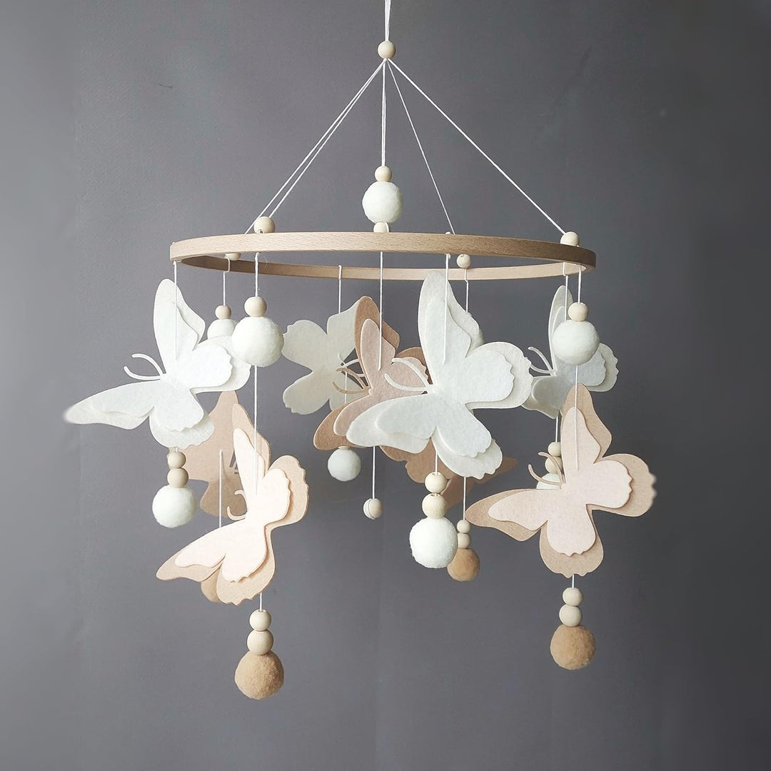 Schmetterlingen Baby Mobile mit Pompons – Neutrales Schmetterlings Mobile in Beige Braun – Handgemac
