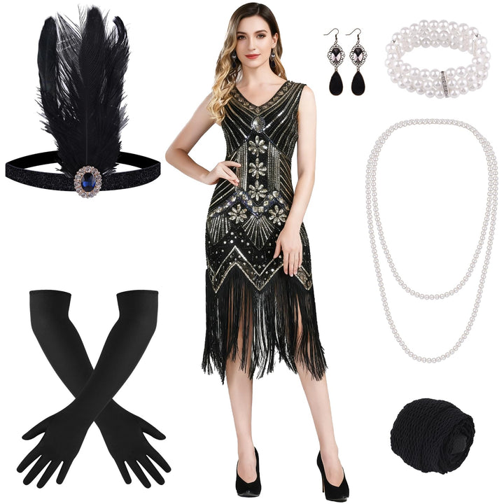 FEPITO 1920er Jahre V-Ausschnitt Pailletten Perlen Fransen Kleid mit 20er Jahren Zubehör Set Black A