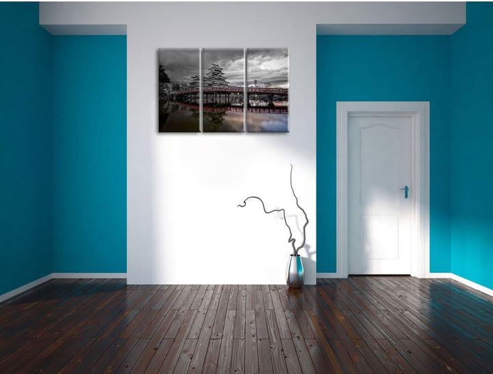 Pixxprint asiatischer Tempel an See als Leinwandbild/Grösse: 3 Teilig (120x80) cm/Wandbild/Kunstdruc