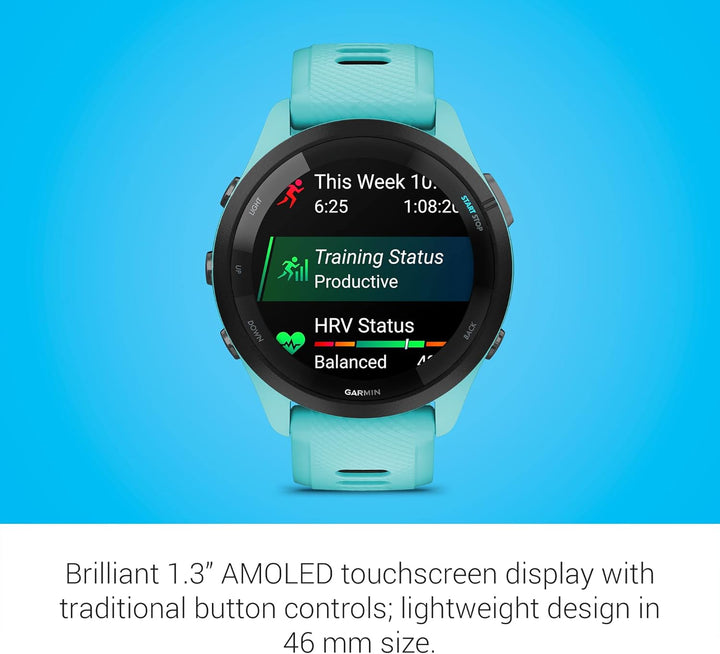 Garmin Forerunner 265 Running Smartwatch für Unisex, 46 mm Grösse, Aqua/Schwarz
