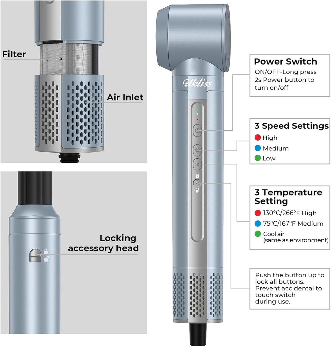 Airstyler 6 in 1,UKLISS 1400w Hairstyler Warmluftbürste, 30mm Air Lockenstab, 3 Temperaturanpassunge