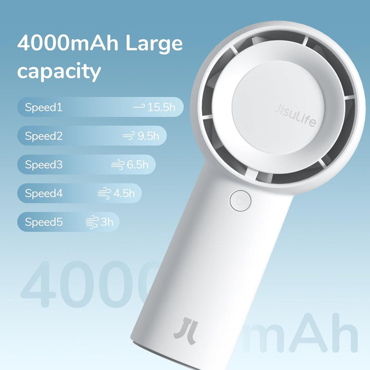 JISULIFE Turbo Handventilator Akku [16 Stunden Lange Arbeitszeit] 4000mAh Tragbarer Mini Ventilator