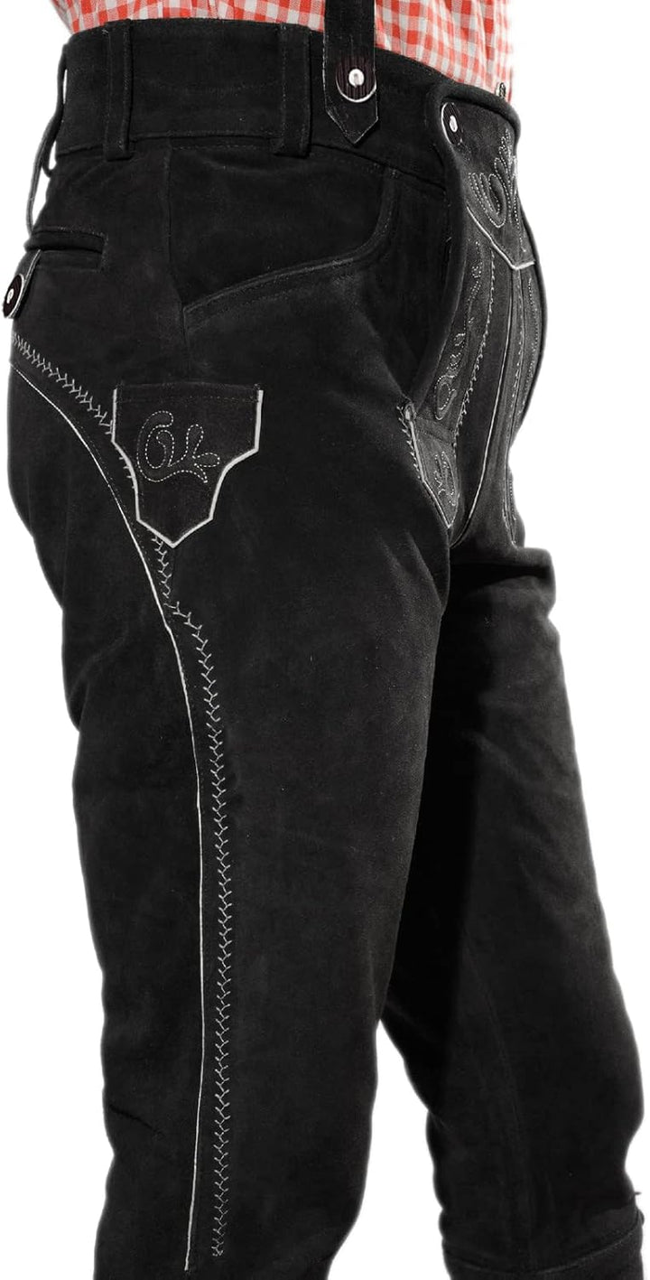 Bayerische Premium Herren Trachten Lederhose, Trachtenlederhose mit Trägern, original in Dunkelbraun