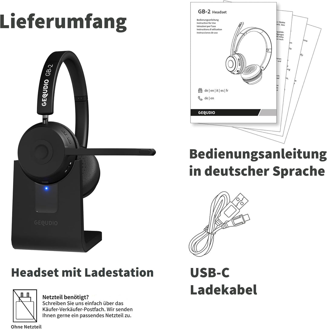 GEQUDIO Bluetooth Headset mit Mikrofon aus Berlin – kabellos Kopfhörer PC Mac Laptop – GB2+ Ladestat