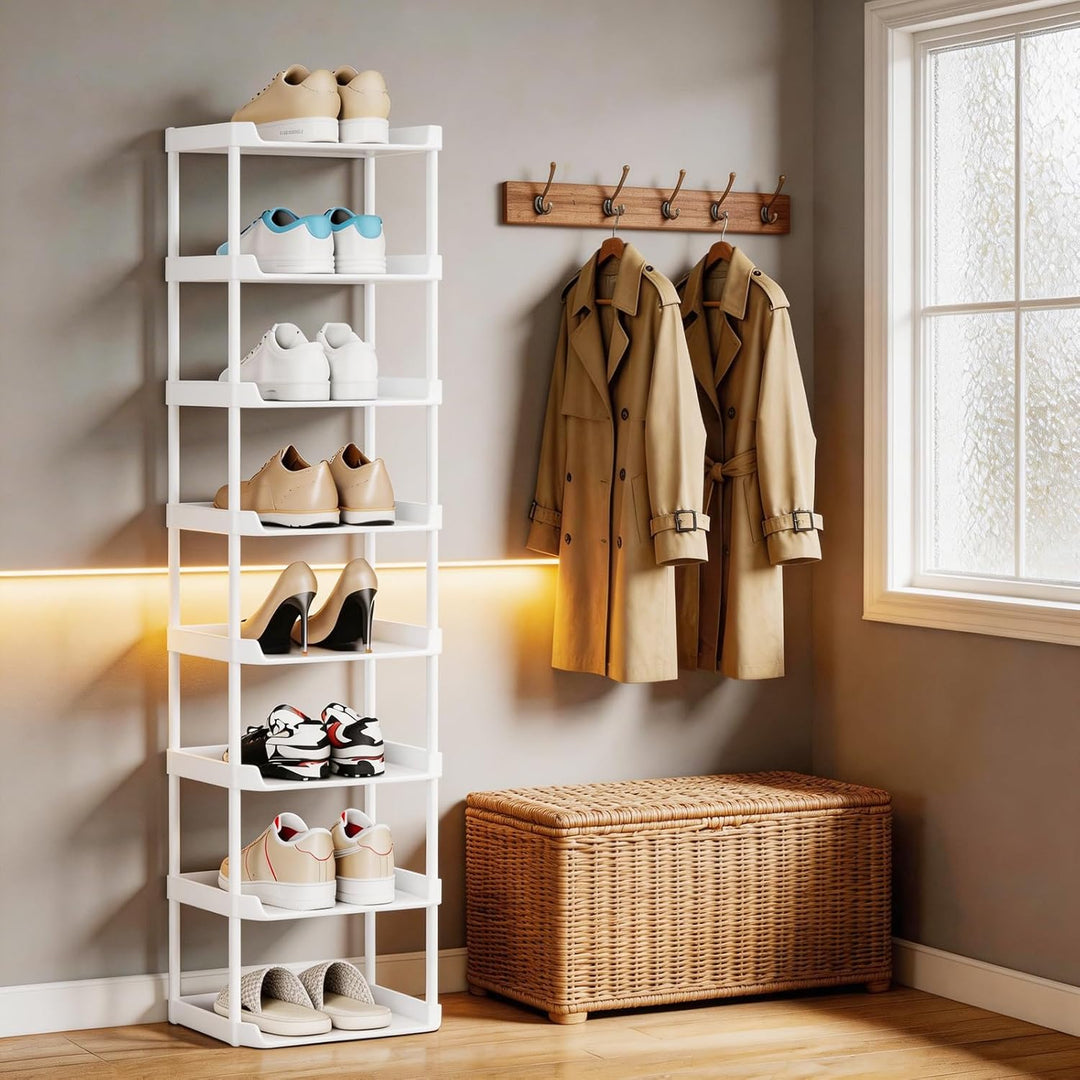 8 Ebenen Schuhregal Schmal und Hoch, Vertikales Schuhregale Stapelbar, Kleines Regal Platzsparend, E